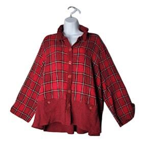 Habitat Red Plaid Button Front Blouse L Textured Wire Collar Artsy Lagenlook